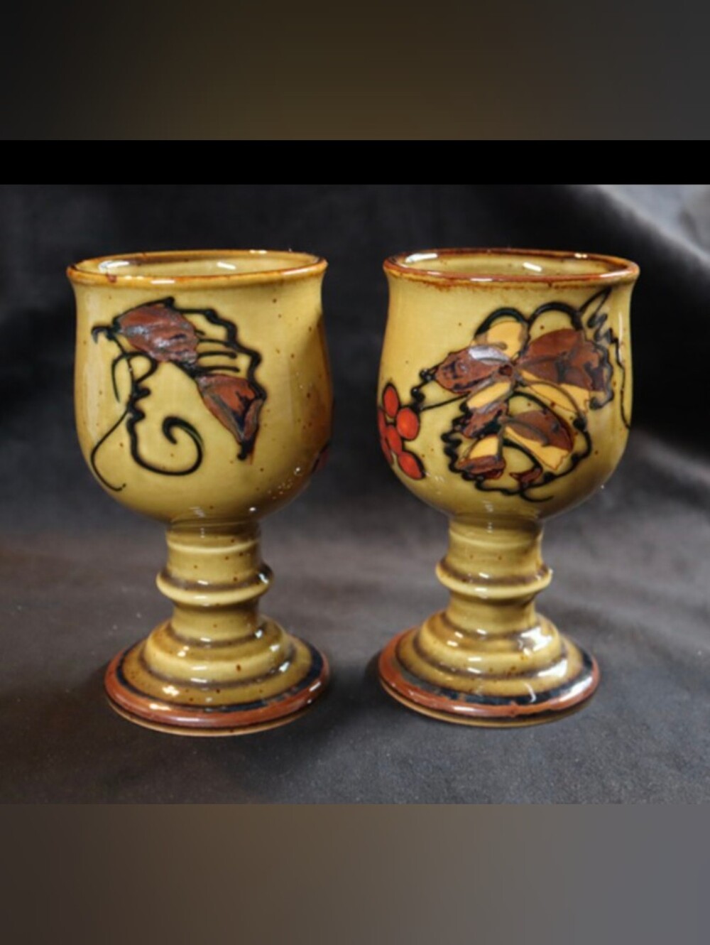 Vintage Pair Otagiri Stoneware Wine Goblets with Grape Vines MCM Made in Japan